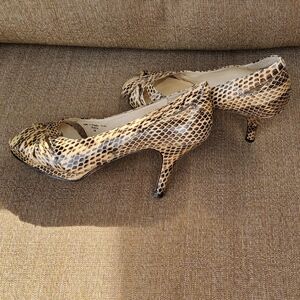 Johnston and Murphy Taupe Reptile Open-toe High Heel Shoes